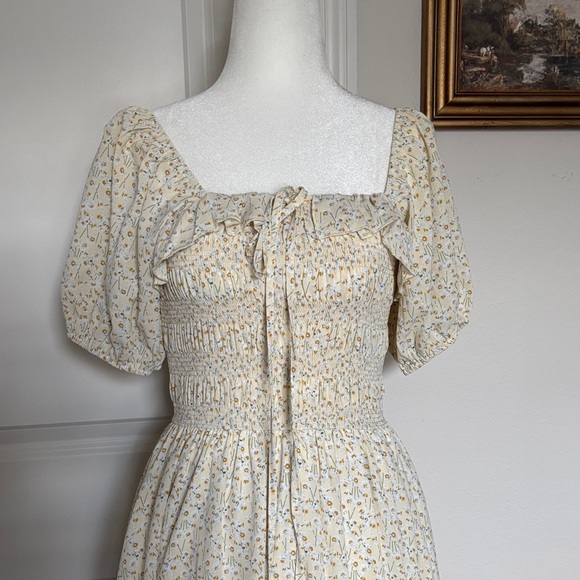 Ivy City Co XS butter yellow and baby blue Floral Smocked Midi Dress Puff Sleeve - Picture 2 of 10
